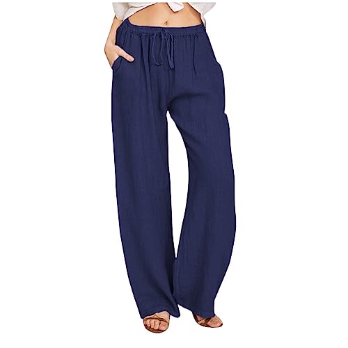 Nantdog Linen Pants Women 2025 Summer Beach Lounge Palazzo Trousers Loose Elastic Plus Size Drawstring with Pockets Pants Summer Friday Promo Codes for Today Prime Promo Codes for Discount Black frid