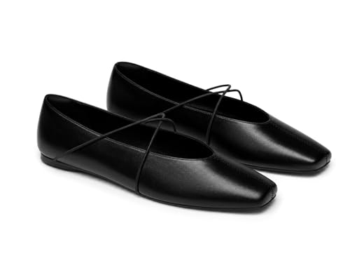 Image of Coutgo Womens Square Toe Ballet Flats Comfortable Slip On Mary Jane Flats Crisscross Strap Work Casual Shoes