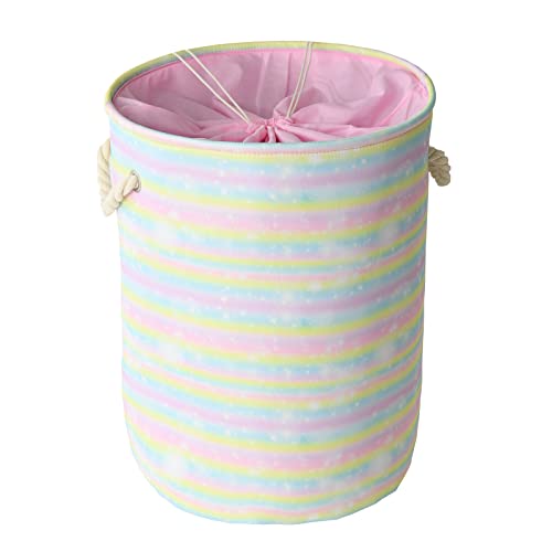 Image of INough Baby Laundry Basket for Girls, Baby Hamper Collapsible Clothes Hamper Kids Toys Storage Basket Nursery Decor for Girl Nursery Hamper with Drawstring Closure, Decor for Girls Room (Rainbow)