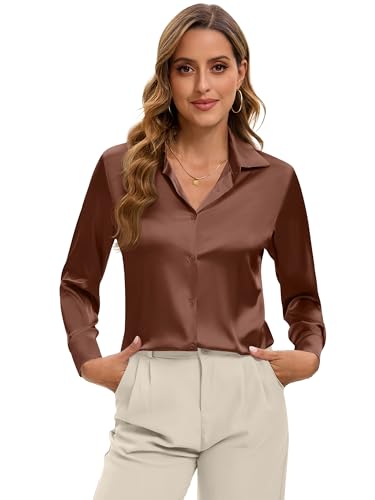 Image of Premium Soft Breathable Stretch Satin Silk Button Down Shirts for Women Long Sleeve Leopard Blouses Work Dress Tops