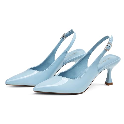 Image of Elisabet Tang Women's Kitten Heel Slingback Low Pumps 3 Inches Stiletto Pointed Closed Toe Elegant Dressy Bridal Wedding Party Shoes