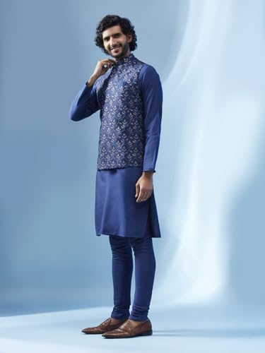 Image of KISAH Men's Kurta Jacket Churidar Set, Sea Green Art Silk, Embroidered Long Sleeves Regular Fit Mandarin Collar