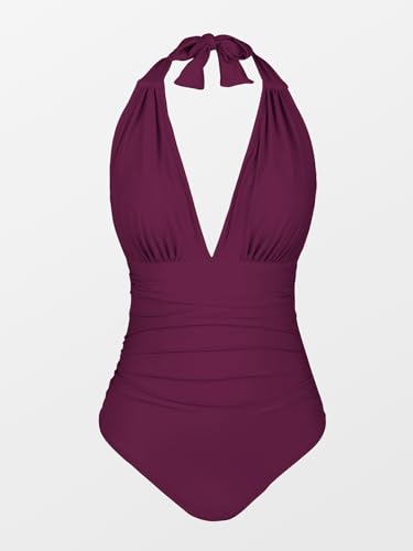 Image of CUPSHE Women Deep V Neck One Piece Halter Swimsuit | Backless,Ruched,Tummy Control,Soft Removable Cups,Flattering Bathing Suit For Vacation And Beach