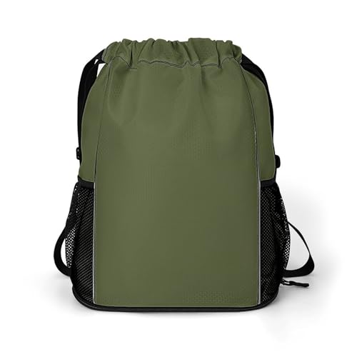 Cozy Dark Olive Green-15 Drawstring Gym Backpack for Men Women, Water Resistant Sports Sackpack with Shoe Compartment And Wet Pocket, Lightweight String Bag for Travel