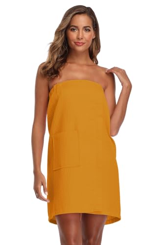 Image of Women's Bath Towel Wrap Waffle Spa Body Wrap with Adjustable Closure Quick Dry Lightweight Towel Robes with Pocket, Orange S /M
