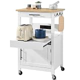 Best Choice Products Rolling Kitchen Island Cart, Single Door Cabinet W/Drawer, Sliding Tray, Outlet, Swivel Lockable Wheels, Hooks, Coffee Cart, Microwave Stand, for Dining Room - Simply White