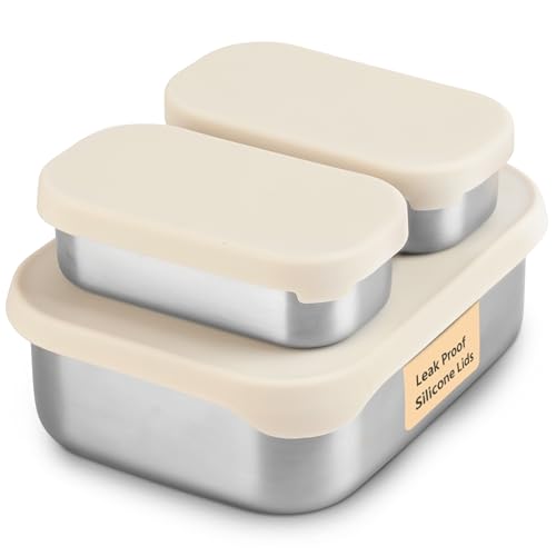 Flexibento - Leak proof Stainless Steel Lunch Box | Lunch Containers| Steel Bento Box |Meal prep Containers| Snack Containers |Metal lunch Box |Vanilla| 1 * 27 OZ+2 * 6.5 OZ|SIlicone lids