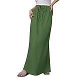 Linen Maxi Flowy Skirt for Women Trendy Summer Elastic Waist Drawstring Casual Beach Skirts Holiday Low Rise Cotton Sexy Curvy Boho Mermaid Skirts Floor Ankle Length Falda Larga para Mujer a Green,L