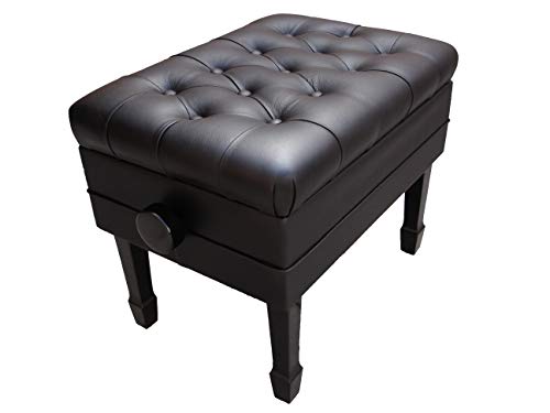 Genuine Leather Adjustable Artist Concert Piano Bench Stool in Ebony Satin with Music Storage