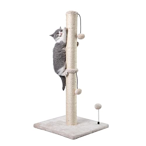 MECOOL 34” Tall Cat Scratching Post Premium Basics Kitten Scratcher Sisal Scratch Posts Trees with Hanging Ball for Indoor Cats, Beige