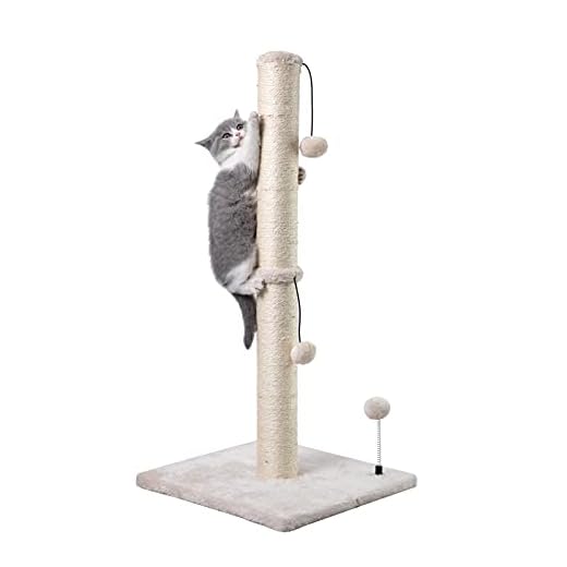 MECOOL 34” Tall Cat Scratching Post Premium Basics Kitten Scratcher Sisal Scratch Posts Trees with Hanging Ball for Indoor Cats, Beige