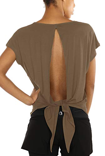 icyzone Dam rygglös yoga topp fitness sport kortärmad skjorta topp casual t-shirt lös passform, kaffe, L