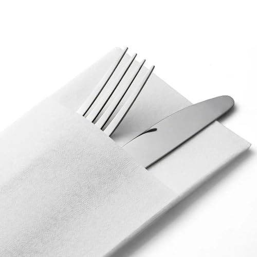 100 (4 Packs of 25) Thick, Soft and Absorbent Linen Feel Airlaid Paper White Pre-Folded Cutlery Pocket Napkins