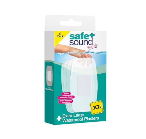 Safe & Sound Extra Large Waterproof Plasters XL Pack of 6 Breathable Flexible & Sterile Bandages with Large Non-Stick Wound Pad (100mm x 50mm)