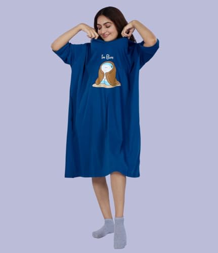 Image of LAMA STORE Women's Printed Oversized T-Shirt Dress, Cotton, 3 /4 Sleeve Length, Casual Loose Fit, Comfort Wear Extra Comfy Oversized Printed Pocket T-Shirt Dress