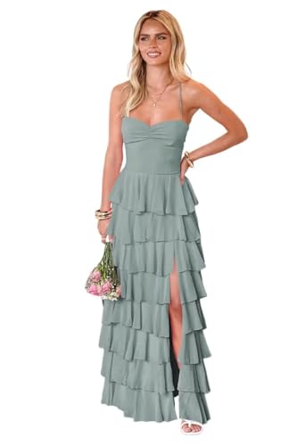 RSOETOO Chiffon Bridesmaid Dresses Long Spaghetti Straps Tiered A-Line Formal Evening Party Gowns with Slit RO364
