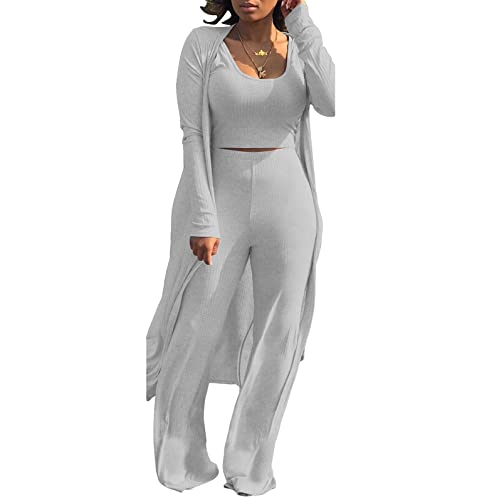 Image of Women's 2 Piece Outfits Set Ribbed Short Sleeve Casual Crop Top Wide Leg Pants Suit Set