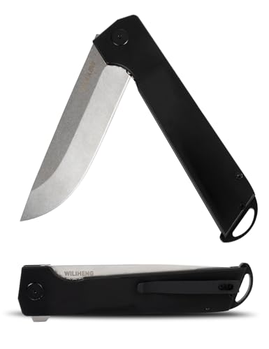 WILIHENG Folding Pocket Knife with Clip, 3.94 inch Sharp Blade, for Outdoor Survival Camping Collection, Aluminum Handle, Black mysterious small knife gift (Gray Blade)