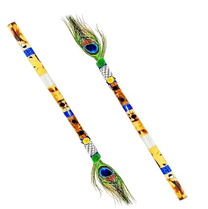 Bamboo Flute | Bansuri | Natural Medium Scale | for Professional/Beginner Basuri | Traditional flute with Peacock feather | 16 inch Bamboo Bansuri with peacock feather flute pack of 2-image-25