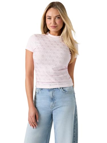 Image of Guess Women's Short Sleeve Mock Neck All Over 4 g Tee T-Shirt, Delicate Pink, M