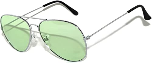 Stylish Aviator Green Lens Sunglasses Silver Metal Frame