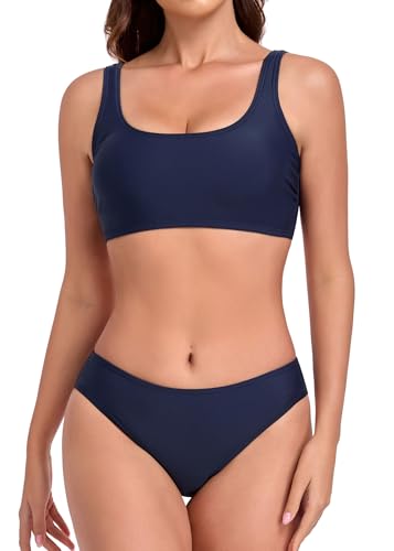 Vevarble Bikini Set Women Sporty Top Swimwear High Waist Bikini Bottom Two Piece Swimsuit,M,Dark Blue