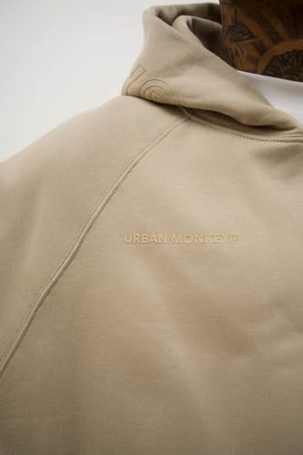 Image of URBAN MONKEY Core Hoodie Dusty Beige 100% Polycotton Brushed Fleece Vintage Wash Long Sleeves Front Pocket Ribbed Cuffs & Hem Print On The Chest, Hood & Back Oversized Fit Unisex Sweatshirt