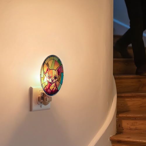 Image of Dog Night Light Chihuahua, Stained Glass Styled Plug-in Wall Nightlight, Bulb Included, Pet Memorial Dog Lover Gift, Bedroom Hallway Bathroom Decor, Manual On /Off Switch