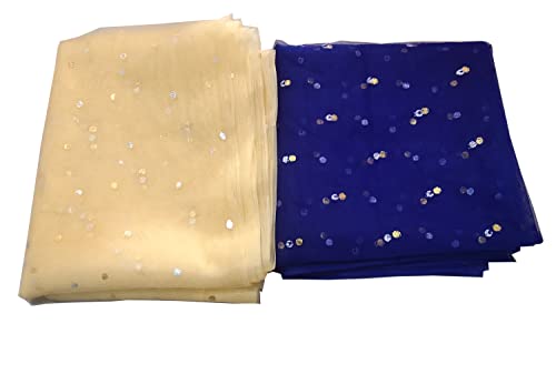 Image of Dual Color Combo of 42inch Width Dotted Mesh Net Fabric for Decoration, Fruit /Dryfruit /Gift Packing & Trousseau Tray Packing (5 Meter Each Color, Golden & Dark Blue)