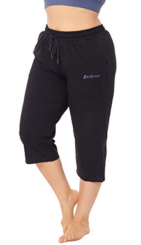 ZERDOCEAN Women's Plus Size Active Yoga Lounge Indoor Jersey Capri Walking Crop Pants with Pockets Drawstring4