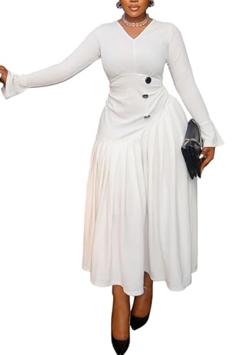 Women's Fall Plus Size Pleated Maxi Dress Casual Long Sleeve V Neck A Line Flowy Cocktail Wedding Guest Dresses3