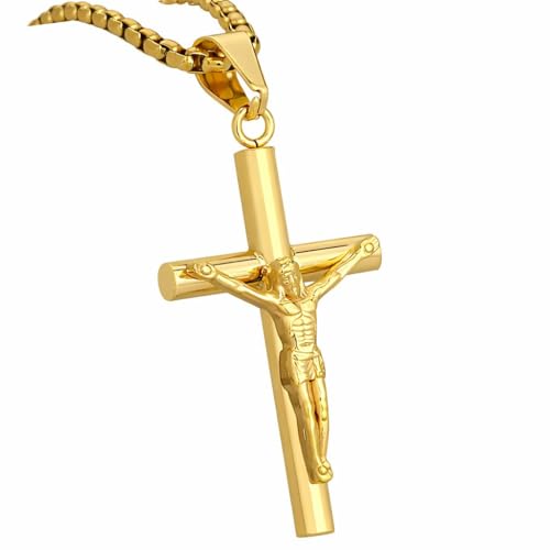 SZ SafePak LLC Gold Cross Necklace for Men & Women, Stainless Steel Crucifix Pendant with 24 Inch Chain, Gold Plated Christian Religious Jewelry, Faith Gift for Prayer & Everyday Wear