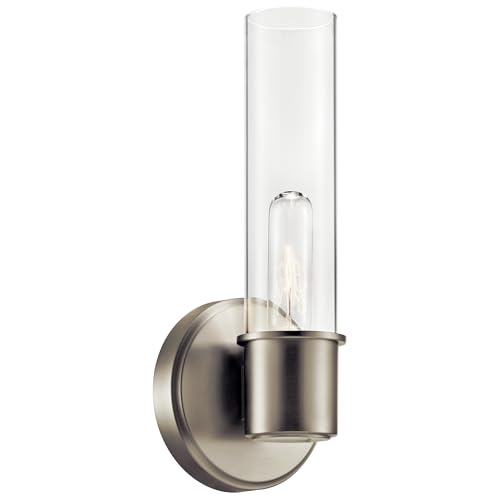 Image of Kichler Aviv 1-Light Wall Sconce, Modern Light with Clear Glass in Brushed Nickel, for Bedroom, Laundry Room, Kitchen or Hallway (13 inch x 5.5 inch), 52653NI