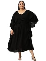 theRebelinme Plus Size Women's Black Solid Color Kaftan Midi Dress(XL)