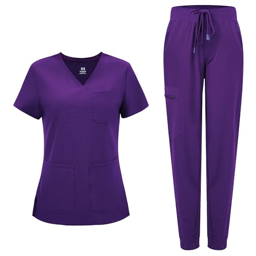 COZYFIT Medical Scrubs for Women Set - Curved V-Neck Scrub Top & Jogger Pants with 8 Pockets