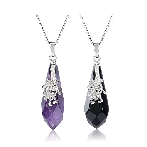 Jovivi 2 Pcs Antique Silver Flower Faceted Crystal Point Pendant Necklace Amethyst Black Obsidian Reiki Healing Crystals Stone Necklaces Gemstone Quartz Jewelry for Women