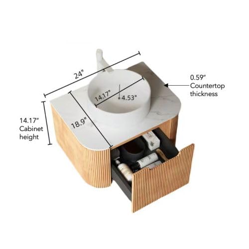 Image of KEIKI 24 inch Bathroom Vanity Cabinet with Sink Combo, Wall Mounted Curved Edges Striped Floating Bathroom Vanity with Soft-Close Drawer, White Round Ceramic Basin Without Faucet, Natural Wood