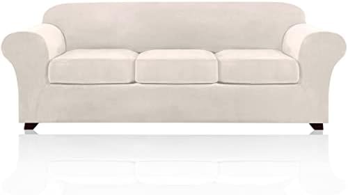 4 Pieces Sofa Covers Stretch Velvet Couch Covers for 3 Cushion Sofa Slipcovers Soft Sofa Slip Covers Furniture Covers with 3 Individual Seat Cushion Covers, Machine Washable (X-Large, Ivory)