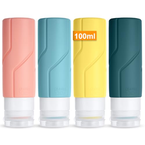 OSDUE 4 Stück Silikon Reiseflaschen Set, Reiseflaschen zum Befüllen Set Travel Bottles für Shampoo, Lotion, Spülung, Duschgel, Reise Shampoo Behälter BPA-frei Praktisches(100ML)