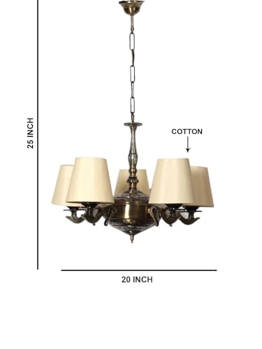 Image of Devansh 05 Lights conical Off-White Cotton Shade with Antique Golden Chandelier