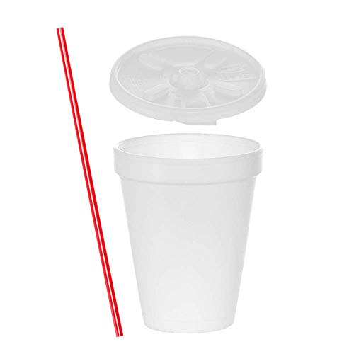 (100 Sets) 12 oz White Foam Cups with Lift'n'Lock Lids and Stirrers, Disposable Foam Drink Cups, To Go Coffee Cups, Insulated Foam Cups for Hot/Cold Drinks byÂ Tezzorio