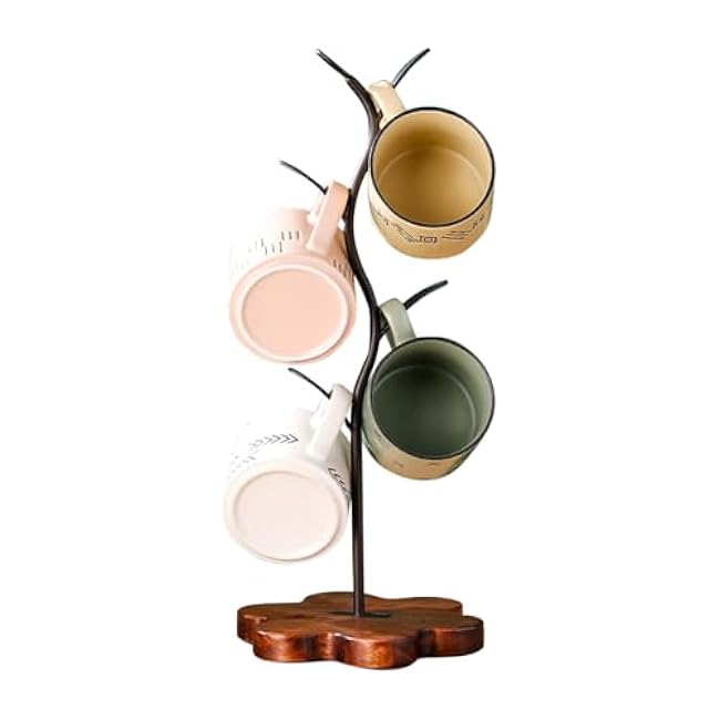 Coffee Mug Holder, Mug Tree for Counter, Leaf Shaped with Wooden Base, Mug Rack Countertop, Coffee Counter Bar Accessory & Kitchen Organizer