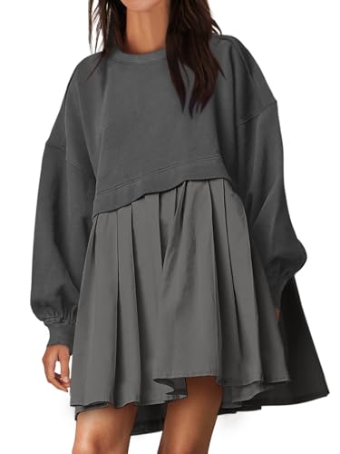 ANRABESS Women Sweatshirts Dress Oversized Long Sleeve Patchwork Casual Loose Pleated Pullover Mini Dress Fall Outfits 2025 Dark Grey Large