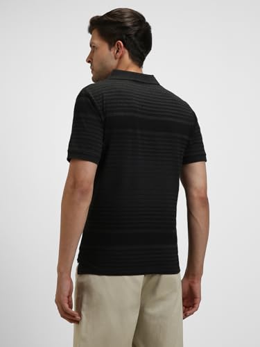 Image of Dennis Lingo Men's Cotton Black Stripes Regular Fit Button-Down Short Sleeve Polo Tshirt