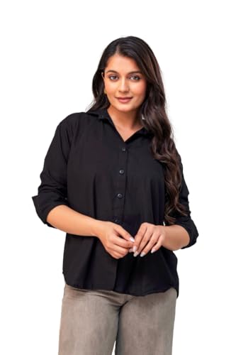 Image of Women's Linen Blend Shirt | Casual Collared Button Down Shirt for Women | Solid Color Full Sleeve Oversized Fit | Summer Casual & Office Wear Top