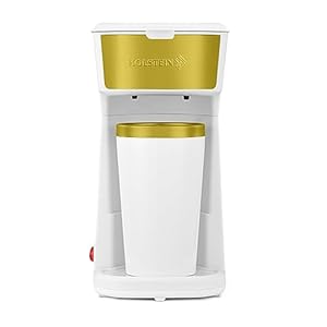 Holstein Housewares Single Serve Coffee Maker, 14oz Personal Coffee Brewer Machine with Reusable Filter, One Touch Operation & Auto Shut Off, White and Gold