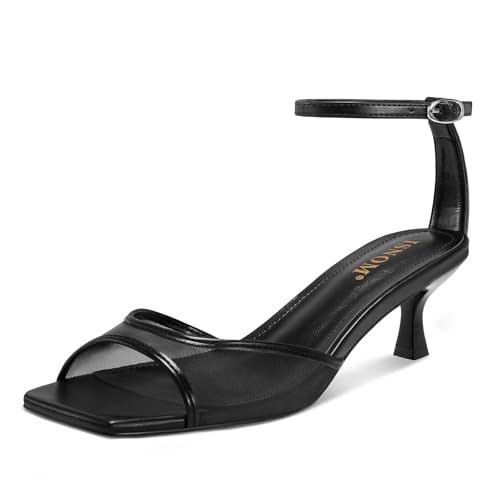ISNOM Womens Mesh Kitten Heels Sandals Square Toe Ankle Buckle Strap Low Heels Comfort Summer Dress Shoes