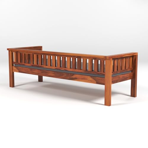 Image of Solid Wood Sheesham 3 Seater Low Height Sofa | Three Seater Sofa for Living Room, Home, Office Furniture with Grey Cushion - Honey Finish