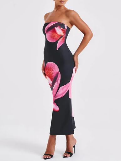 Image of Women Y2k Strapless Maxi Dress Floral Print Tube Long Dress Boho Beach Sundress Going Out Streetwear