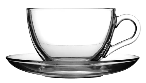 Dajar 64476 Pasabahce Basic - Set di 6 Tazze Tè con Piattini in Vetro, 21 ml